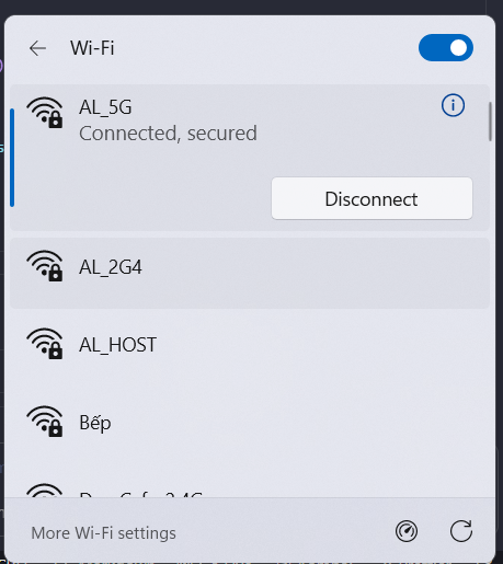 Hướng dẫn bật Wi-Fi và chọn mạng: ví dụ AL_5G đã kết nối, cùng danh sách AL_2G4, AL_HOST, Bếp
